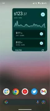 Google aplikace widget finance watchlist akcie kryptoměny ukázka 2