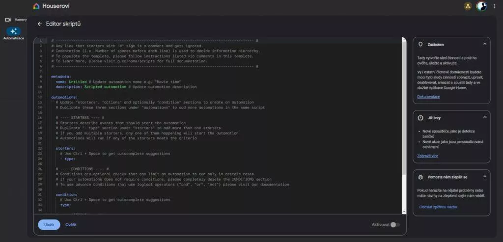 Google Home Editor skriptů script editor ukázka
