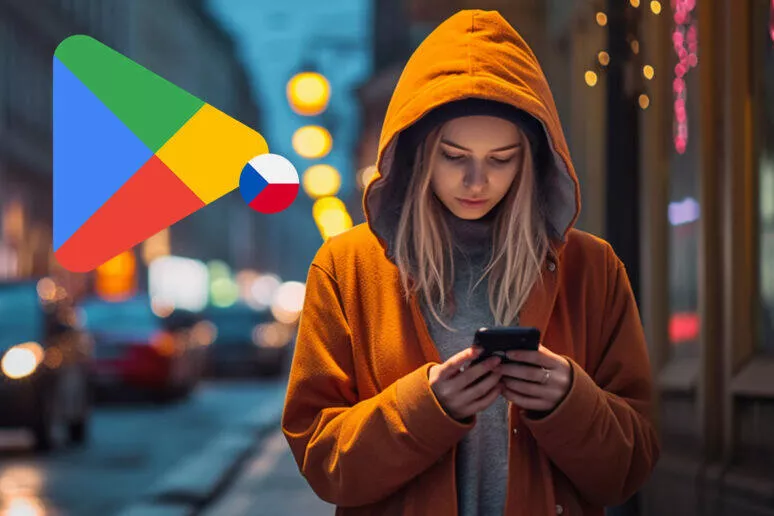 Google Play česko žena držící telefon Google Play česko žena držící telefon