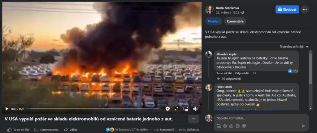 hoří požár sklad automobilů USA fake news Karla Maříková