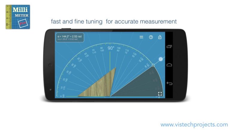 Protractor mode for angle measurements in Millimeter Pro app.