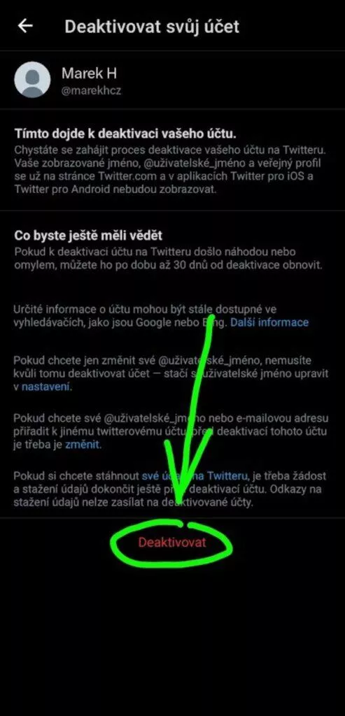 Twitter X účet smazat deaktivovat návod 5 potvrzení