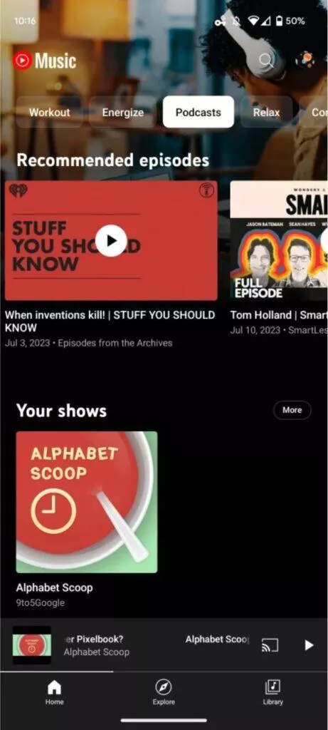 YouTube Music Podcasty aplikace další státy Brazílie Kanada nová sekce náhled 1 hlavní menu
