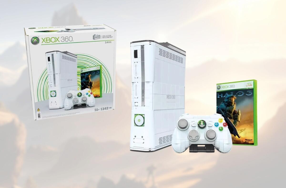 Mega Bloks a jeho replika Xbox 360 s diskem Halo 3