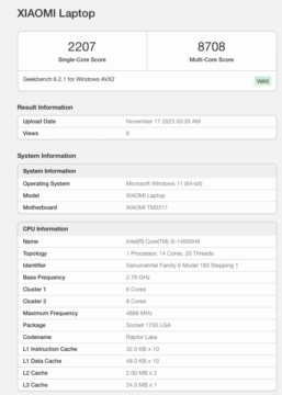 xiaomi laptop i5 geekbench