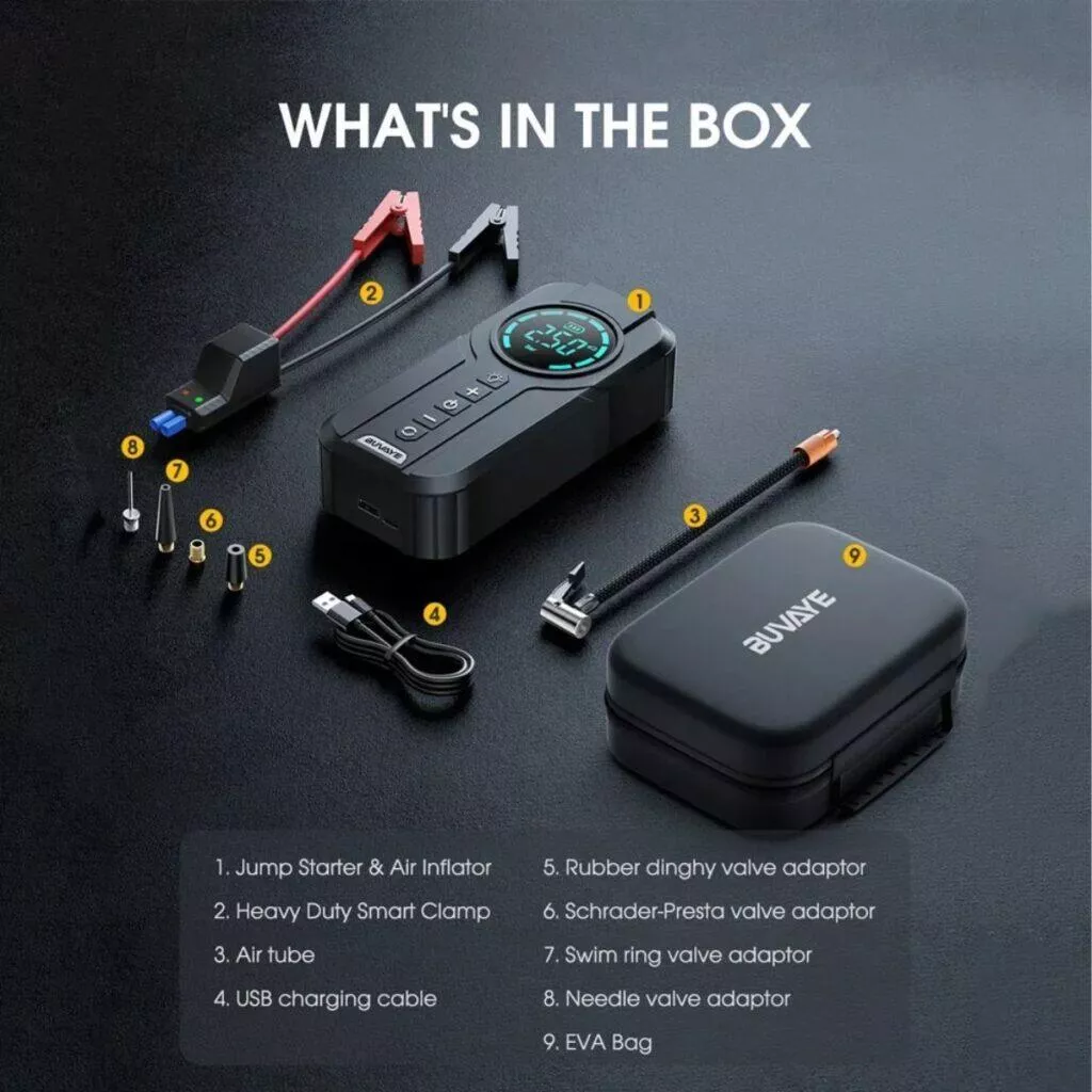 BUVAYE Car Jump Starter s kompresorem a svítilnou
