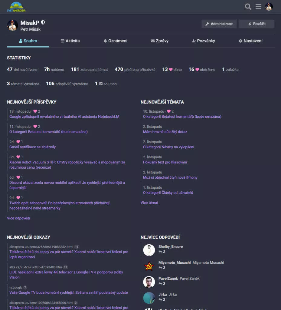 komunita uživatelský profil