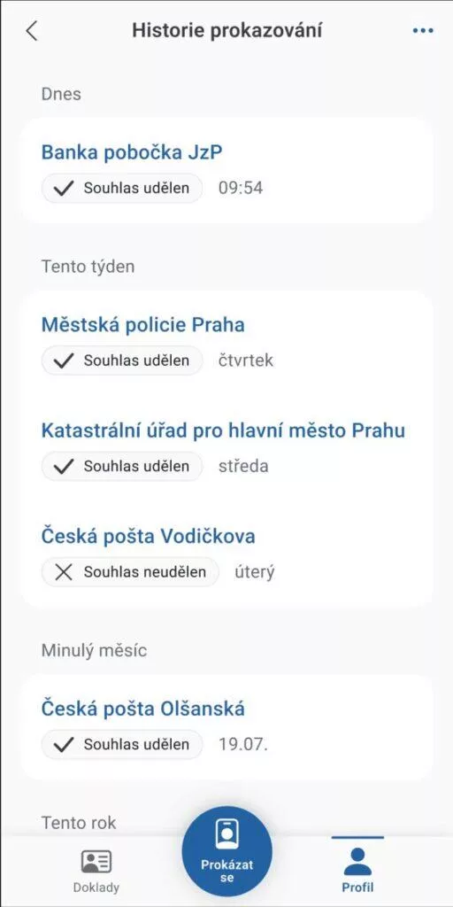 aplikace eDoklady historie prokazování