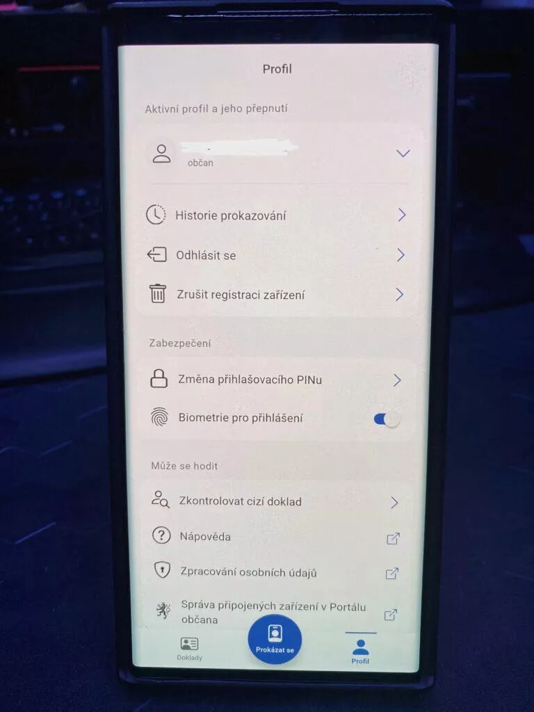 aplikace eDoklady menu nastavení profily