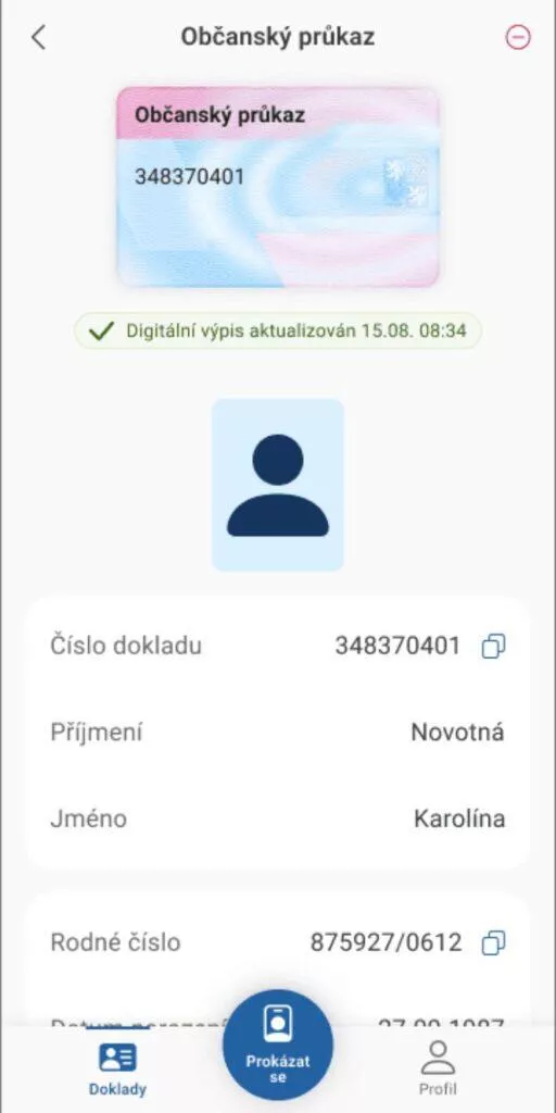 aplikace eDoklady občanský průkaz detail