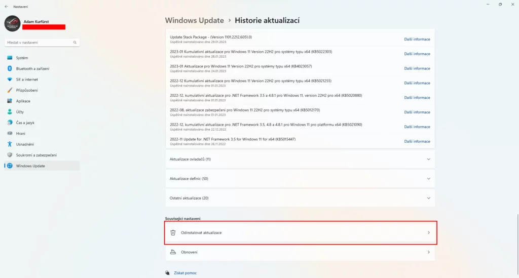 windows 11 odinstalovat aktualizace 2