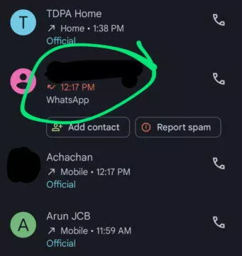 Záznam o hovoru WhatsApp v aplikaci Telefon od Googlu
