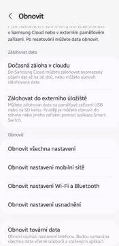 obnovení nastavení