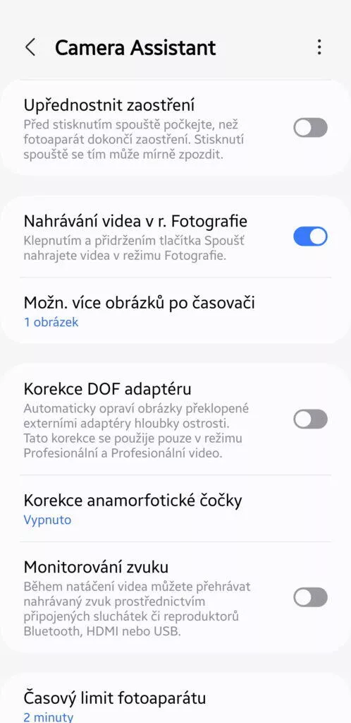 Fotoaparát Samsung, preference ostření