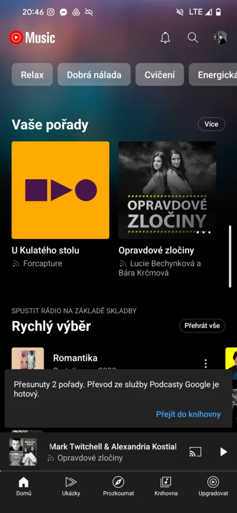 Podcasty Google převod do YouTube Music