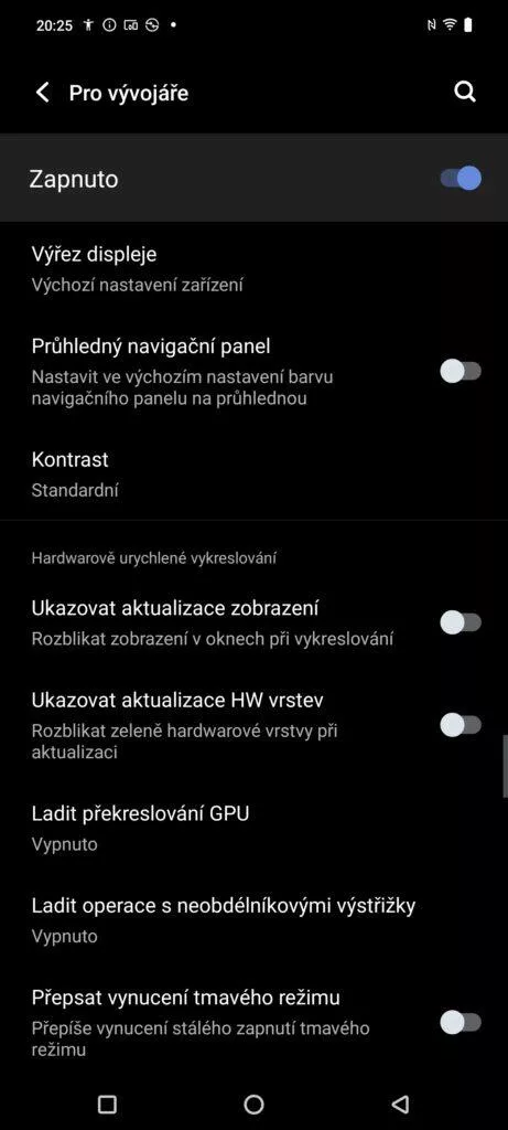 vynucení tmavého režimu ve vývojářských možnostech