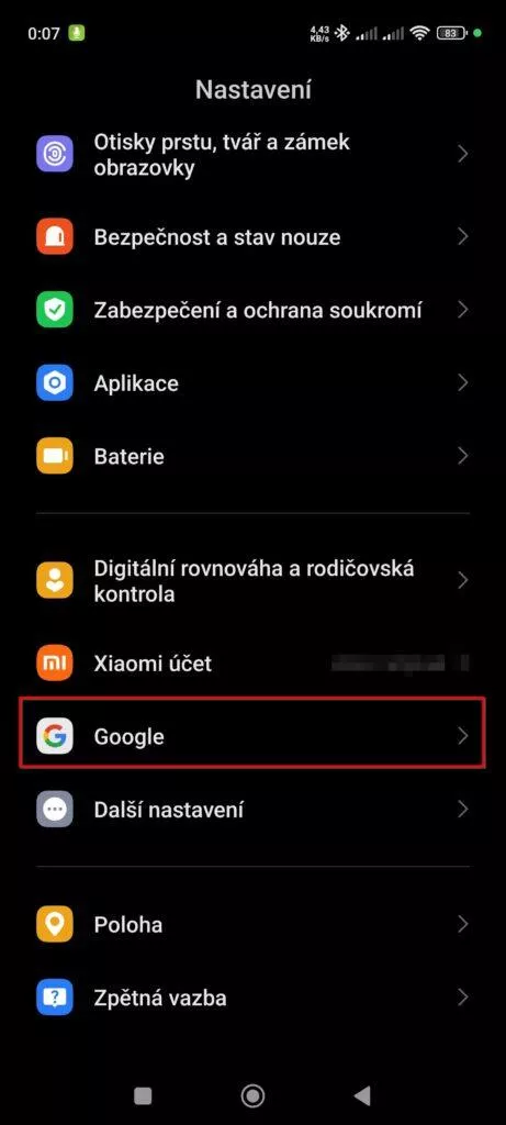 nastavení účtu google