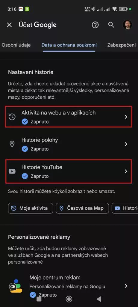 nastavení účtu google