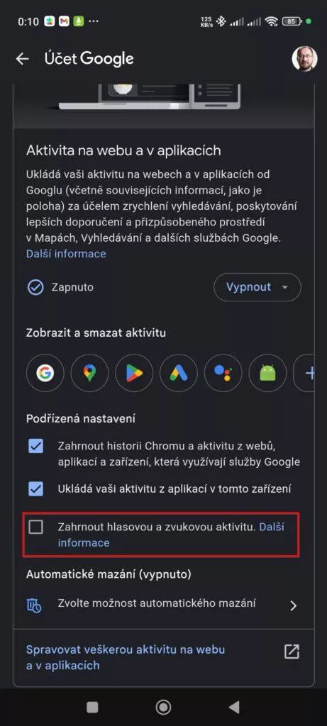 nastavení účtu google