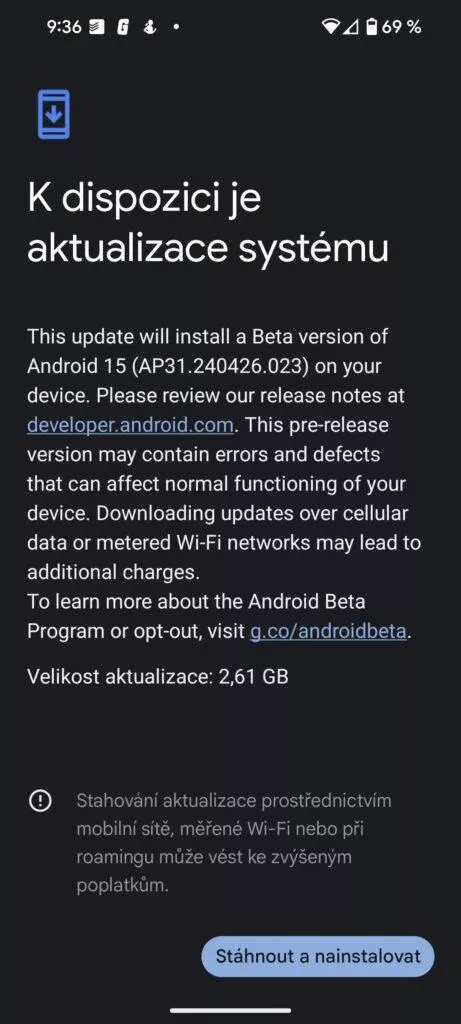 Android 15 beta instalace