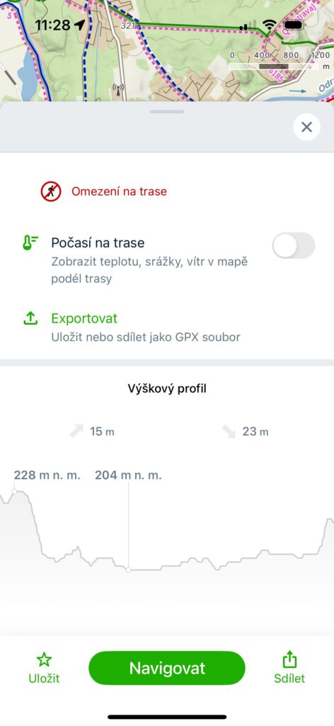 Možnost Exportu trasy