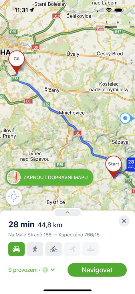 Otevření trasy na mobilu