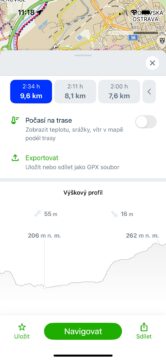 Pro pěší navigaci je užitečné zobrazení výškového profilu trasy