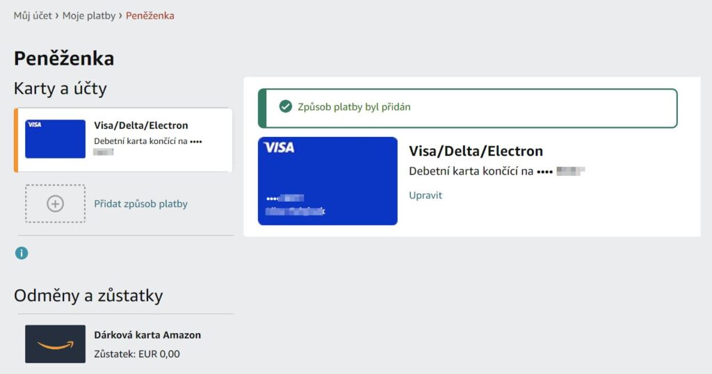 Amazon, karta přidána