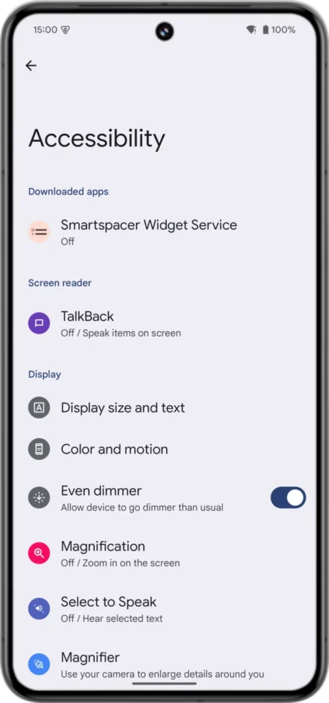 android 15 even dimmer toggle in accessibility settings