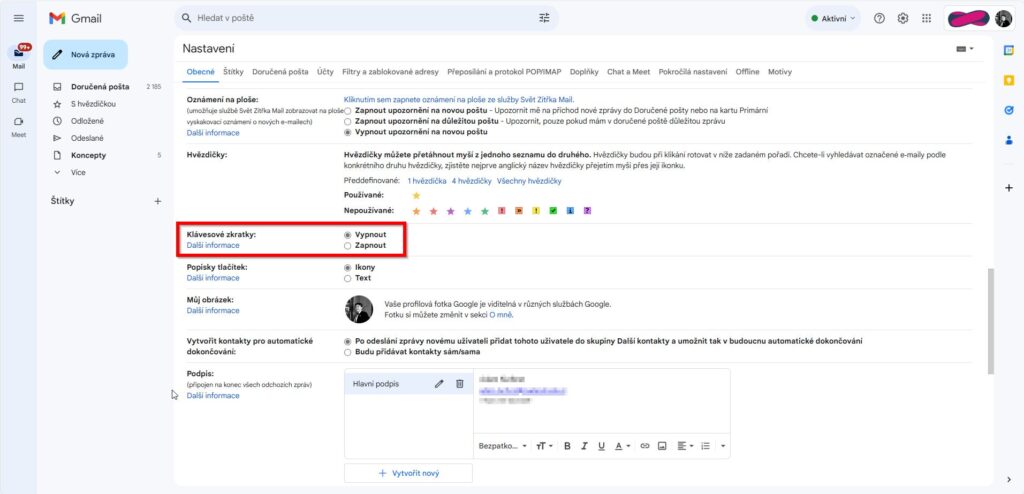 gmail jak povolit zkratky 3