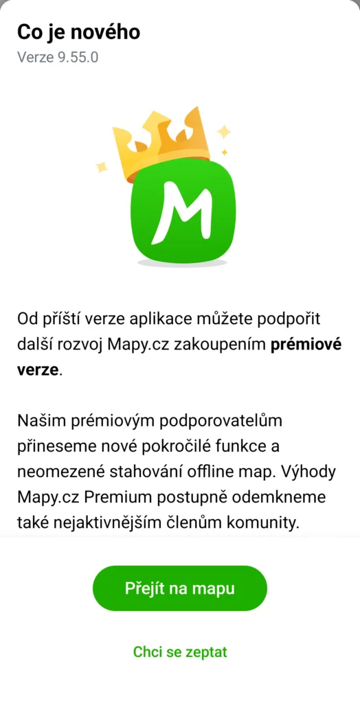 Mapy.cz oznámení o prémiové verzi