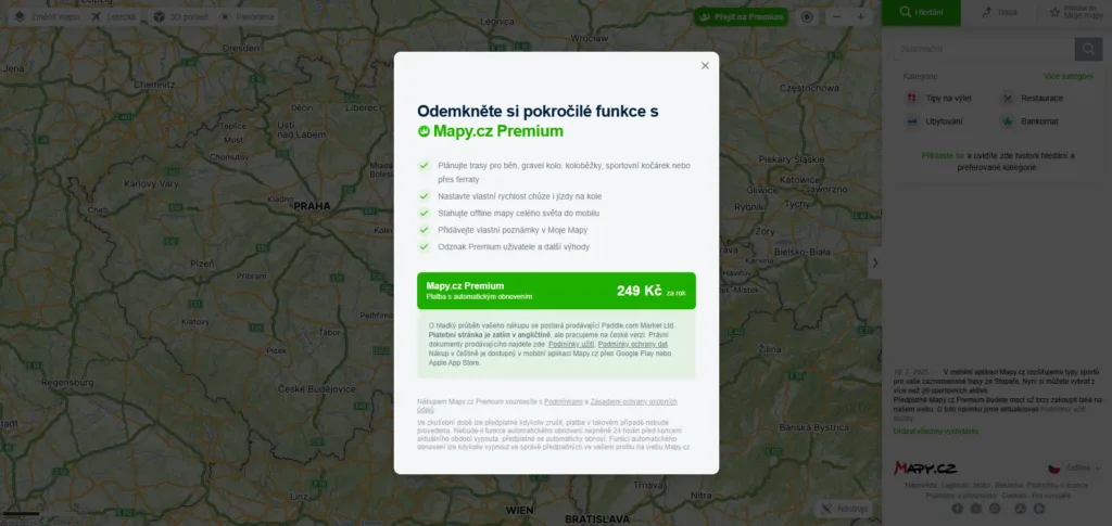 mapy.cz porizeni premium ve webove verzi