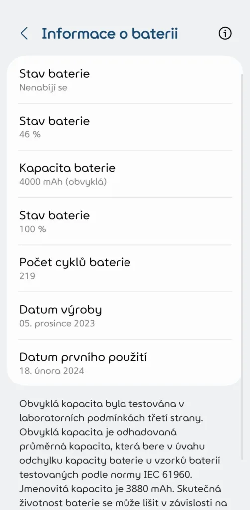 Informace o baterii ve One UI 7 na S24