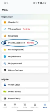 Alza App menu