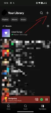 Tlačítko plus v knihovně Spotify