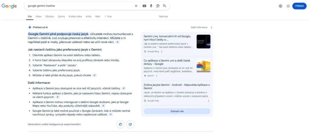 google gemini cestina google ai sourhny vyhledavani