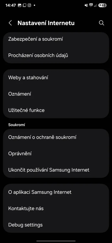 internet samsung nastaveni debug settings