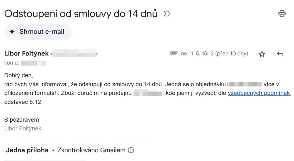 Vrácení zboží do 14 dnů, email