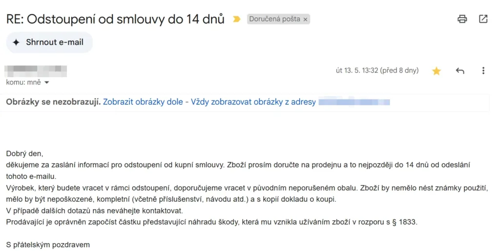 Vrácení zboží do 14 dnů, odpověď