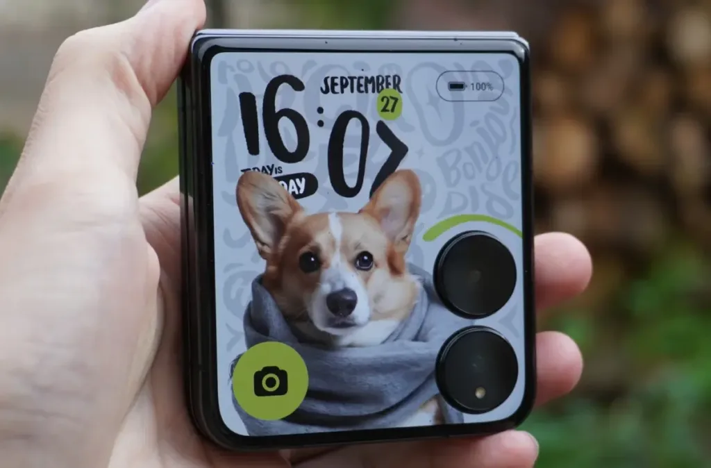 xiaomi mix flip zadni displej se psem v ruce