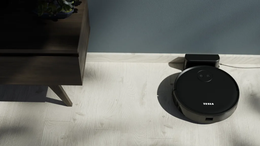 Tesla Smart Robot Vacuum AI100 v dokovaci stanici shora