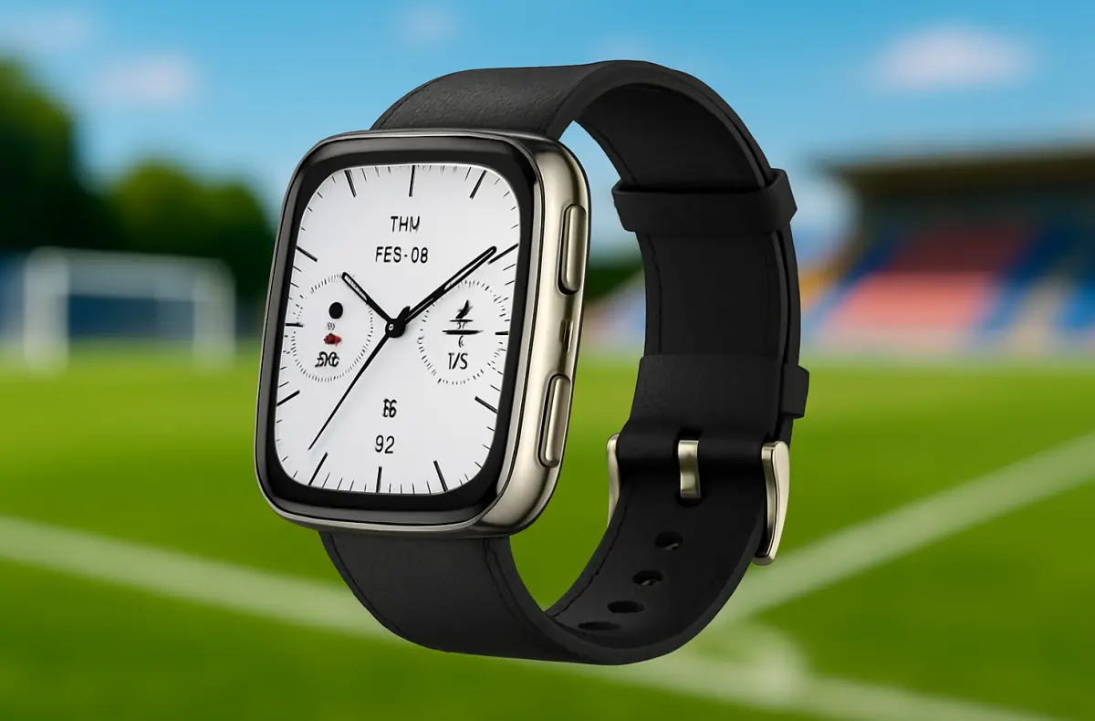 amazfit active 2 square na fotbalovem hristi ilustrace