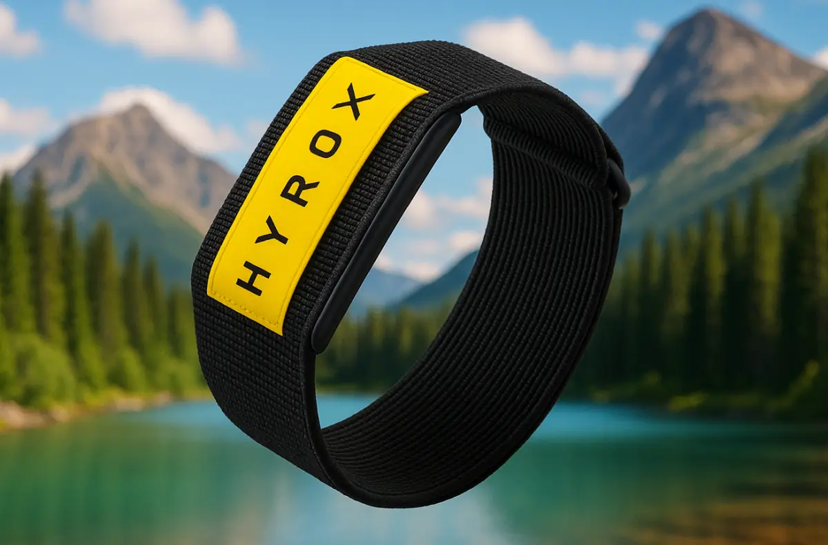 amazfit helio strap hyrox edition na pozadi s jezerem a horami