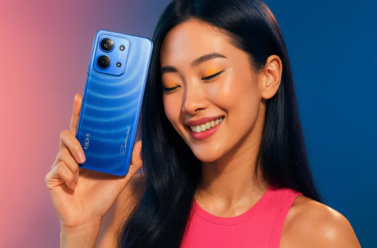 redmi 15c modra varianta v rukou zeny na cervenomodrem gradient pozadi