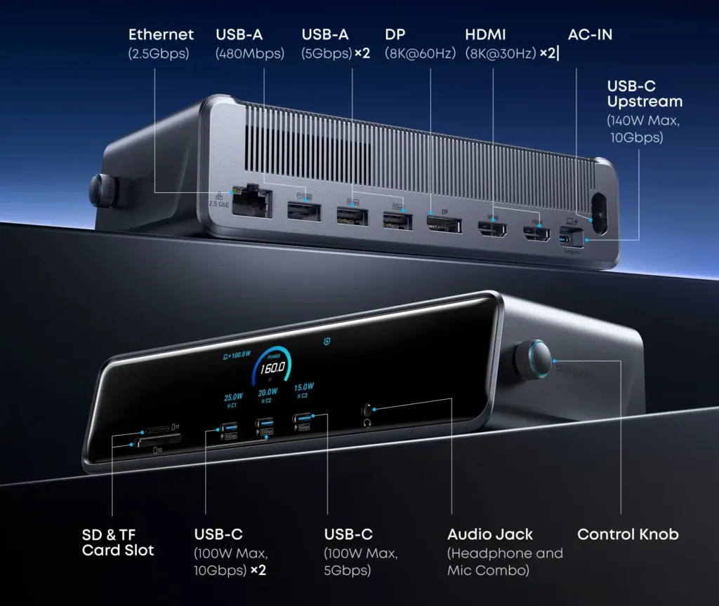 Anker Prime Docking Station 14 in 1 Triple Display DisplayLink porty prehled