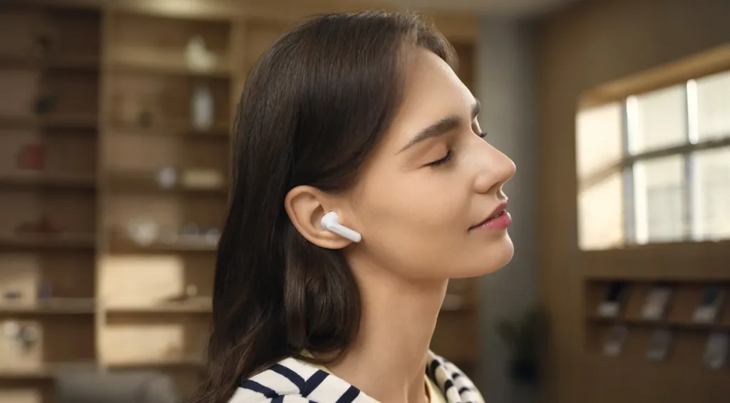 Huawei FreeBuds SE 4 v uchu zeny bila