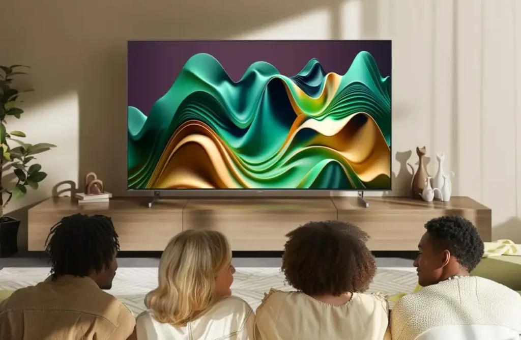 Hisense 75U6NQ na stene v obyvaku na stolku