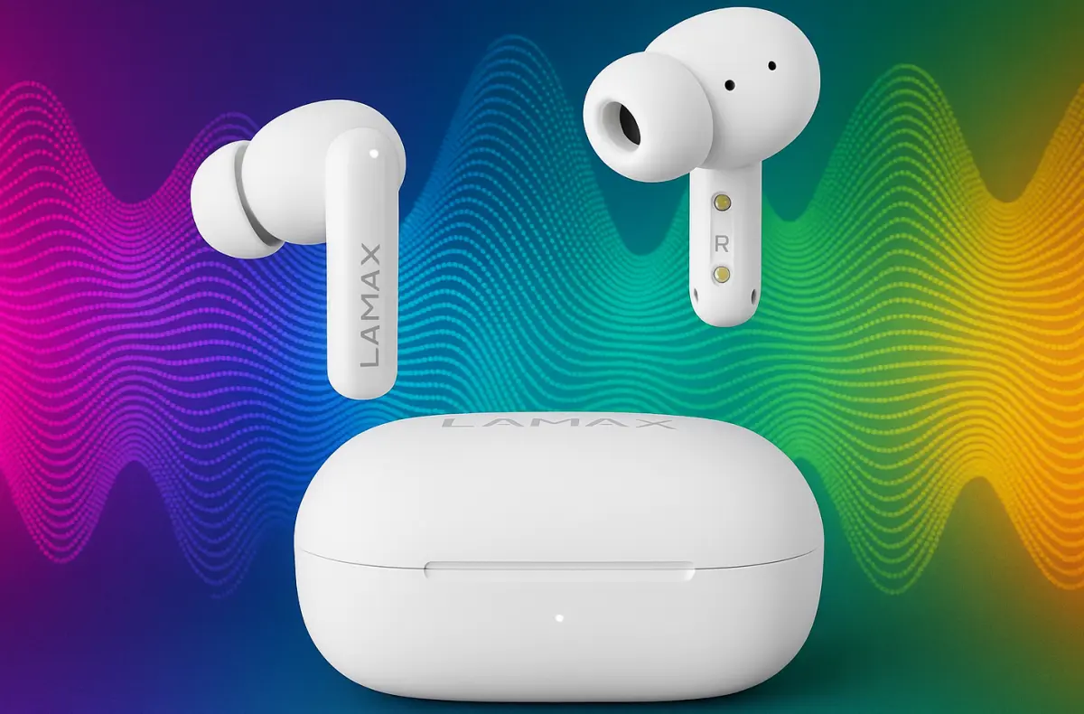 LAMAX NeoPods1 ANC na pozadi se zvukovou vlnou