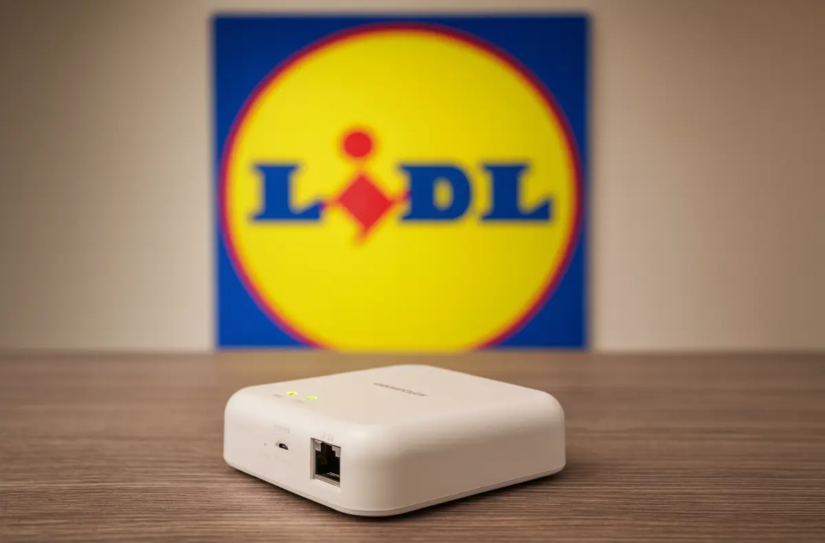 Zigbee 3.0 Smart Home centralni jednotka SGWZ 1 A2 na stole s logem lidl v pozadi