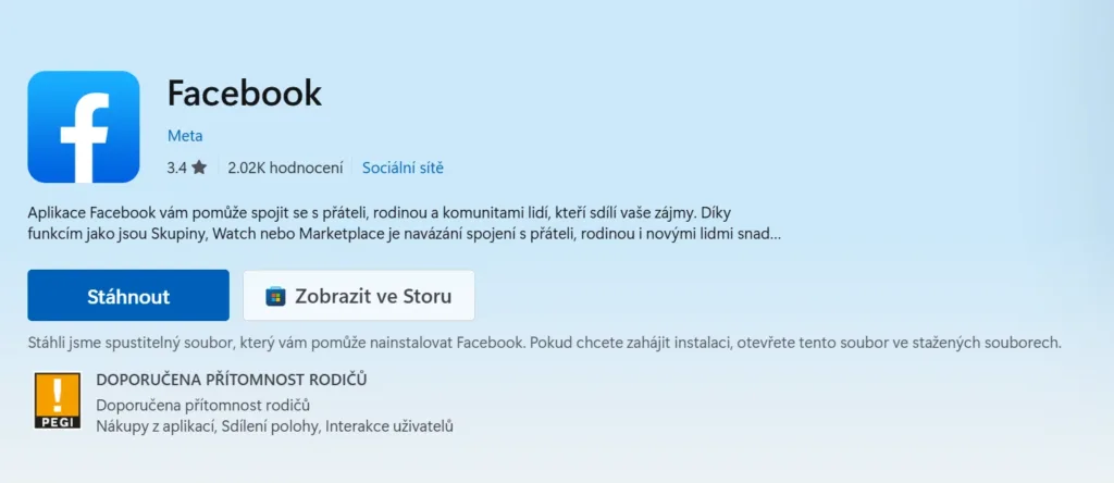 Instalace Facebooku z Microsoft Store
